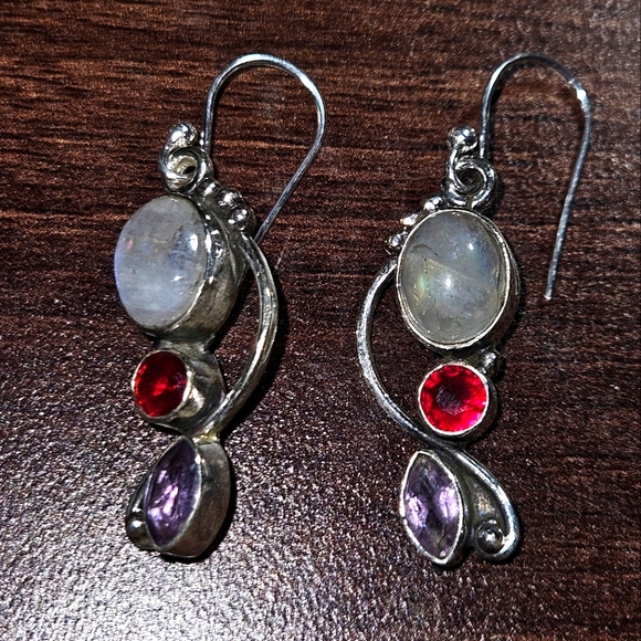 Moonstone Garnet & Rose Quartz Gemstone Earring 925 Sterling Silver - Picture 2 of 7